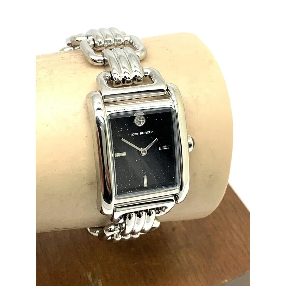 Tory Burch Womens Watch TBW1072 Eleanor Quartz Black Dial Silver Steel Tank 25mm